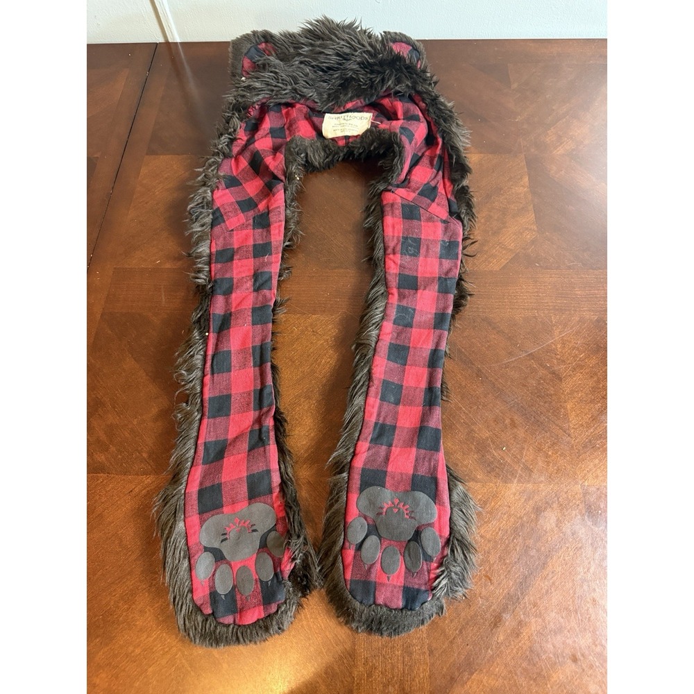 SpiritHoods Brown Bear Faux Fur Red Black Buffalo Plaid Hood Scarf Pockets Read